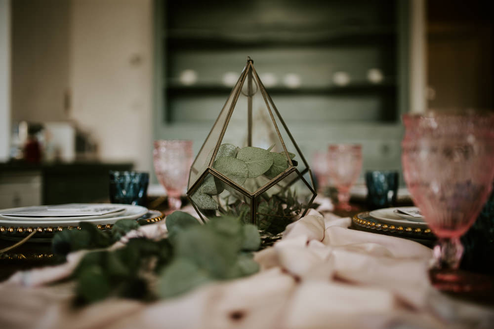 Tablescape Table Decor Terrariums Succulents Glasses Silk Runner Charger Plates Blue Rich Romantic Wedding Ideas Daze of Glory Photography Catherine Spiller Photography