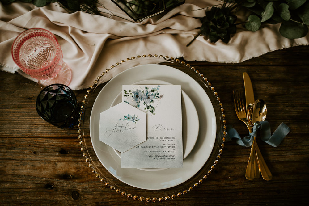 Place Setting Plates Gold Cutlery Stationery Menu Blue Rich Romantic Wedding Ideas Daze of Glory Photography Catherine Spiller Photography