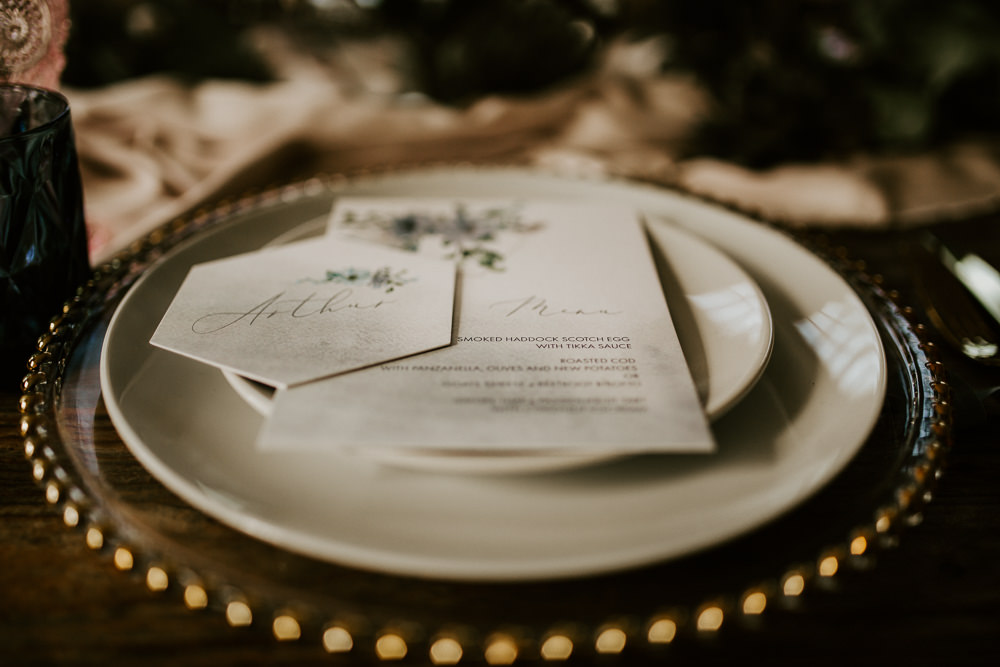 Place Setting Plates Gold Cutlery Stationery Menu Blue Rich Romantic Wedding Ideas Daze of Glory Photography Catherine Spiller Photography