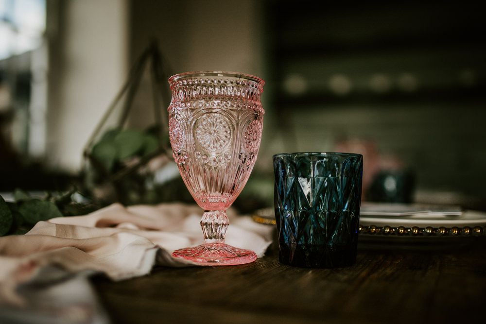 Tablescape Table Decor Terrariums Succulents Glasses Silk Runner Charger Plates Blue Rich Romantic Wedding Ideas Daze of Glory Photography Catherine Spiller Photography