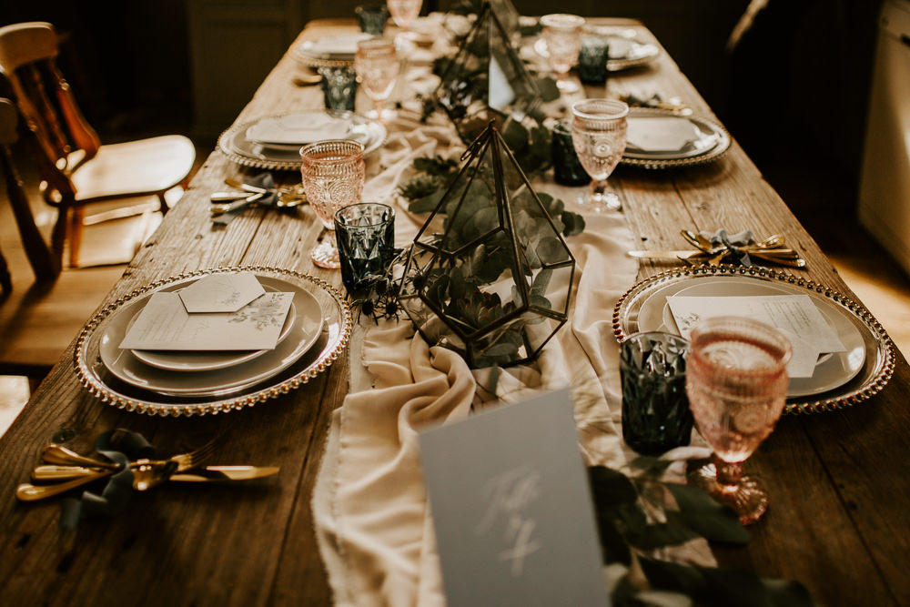 Tablescape Table Decor Terrariums Succulents Glasses Silk Runner Charger Plates Blue Rich Romantic Wedding Ideas Daze of Glory Photography Catherine Spiller Photography