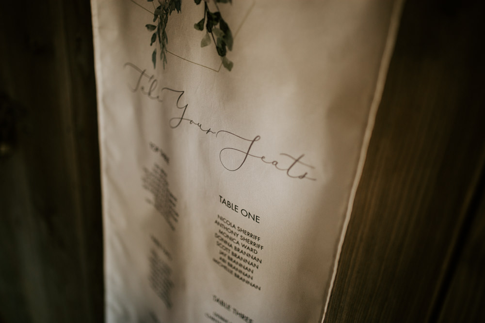 Fabric Banner Seating Plan Table Chart Calligraphy Blue Rich Romantic Wedding Ideas Daze of Glory Photography Catherine Spiller Photography