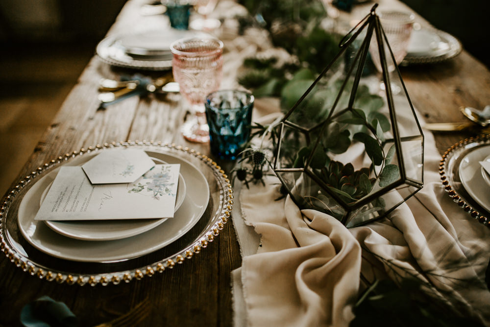 Tablescape Table Decor Terrariums Succulents Glasses Silk Runner Charger Plates Blue Rich Romantic Wedding Ideas Daze of Glory Photography Catherine Spiller Photography