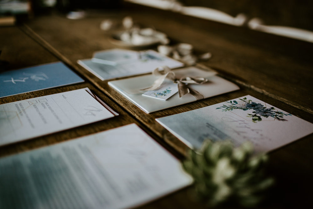 Stationery Suite Invites Invitations Ribbon Floral Calligraphy Blue Rich Romantic Wedding Ideas Daze of Glory Photography Catherine Spiller Photography