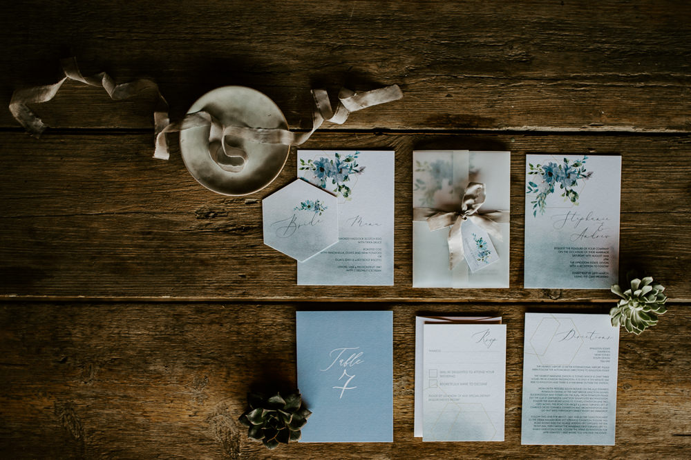 Stationery Suite Invites Invitations Ribbon Floral Calligraphy Blue Rich Romantic Wedding Ideas Daze of Glory Photography Catherine Spiller Photography