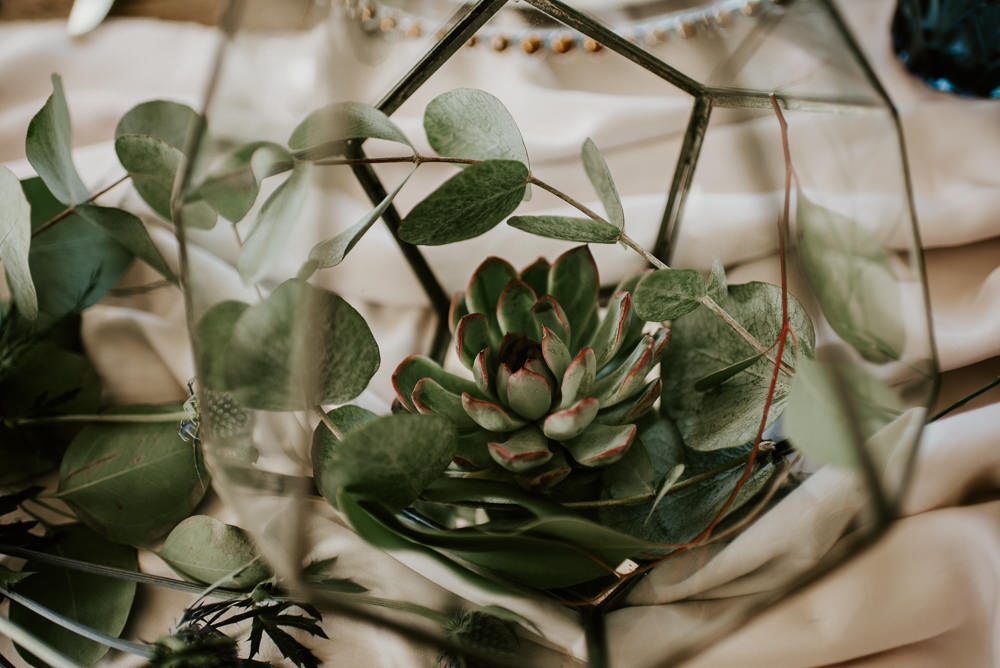Terrarium Centrepiece Decor Table Succulents Blue Rich Romantic Wedding Ideas Daze of Glory Photography Catherine Spiller Photography