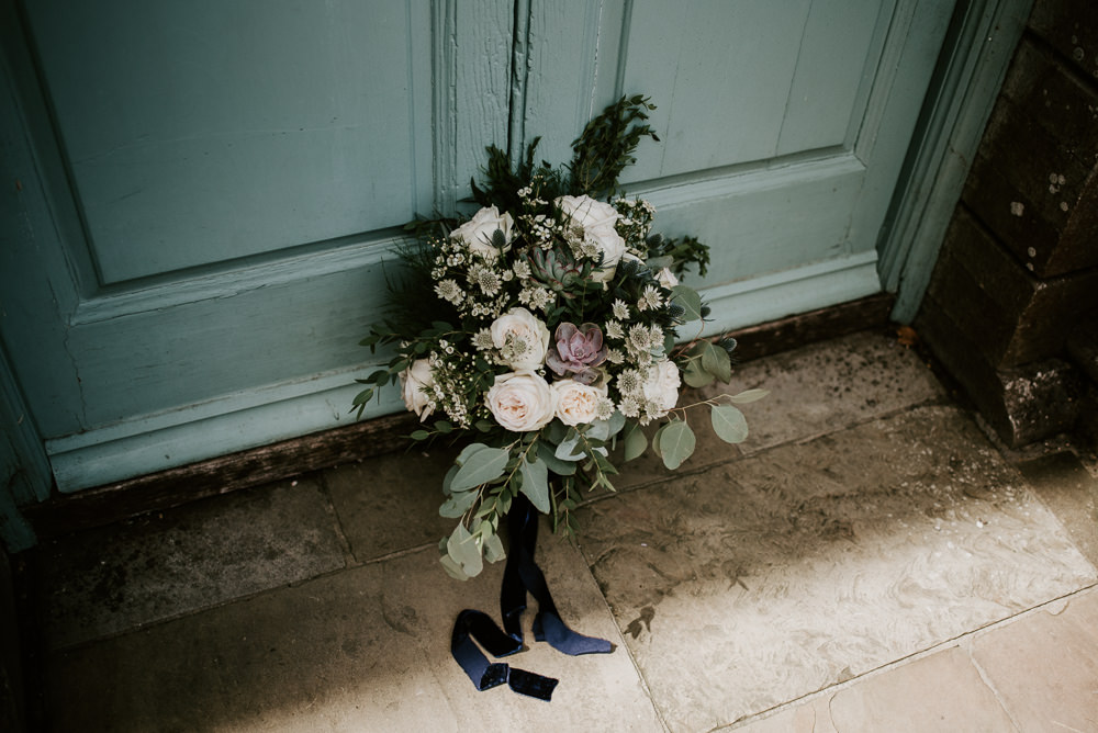 Bouquet Flowers Bride Bridal Thistle Rose Greenery Foliage Ribbon Velvet Blue Rich Romantic Wedding Ideas Daze of Glory Photography Catherine Spiller Photography