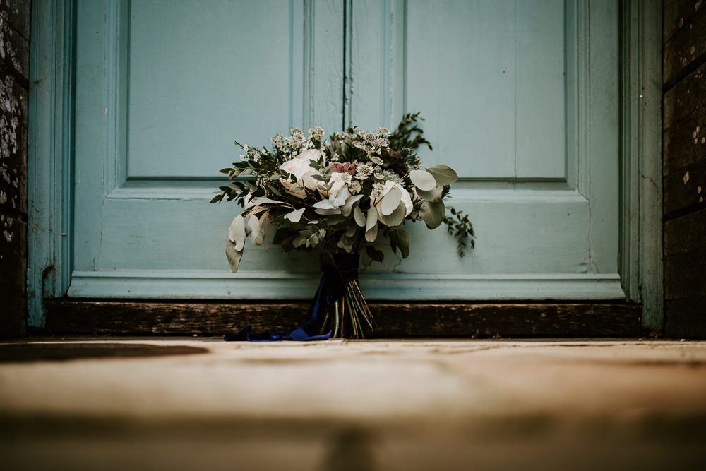 Bouquet Flowers Bride Bridal Thistle Rose Greenery Foliage Ribbon Velvet Blue Rich Romantic Wedding Ideas Daze of Glory Photography Catherine Spiller Photography