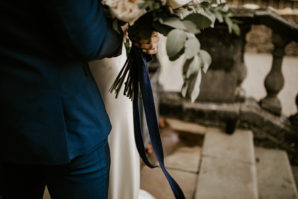 Bouquet Flowers Bride Bridal Thistle Rose Greenery Foliage Ribbon Velvet Blue Rich Romantic Wedding Ideas Daze of Glory Photography Catherine Spiller Photography