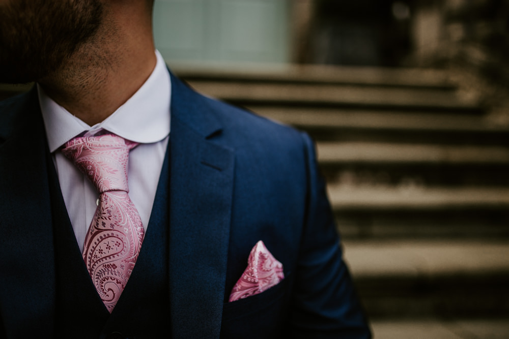 Groom Suit Pink Paisley Tie Pocket Square Blue Rich Romantic Wedding Ideas Daze of Glory Photography Catherine Spiller Photography