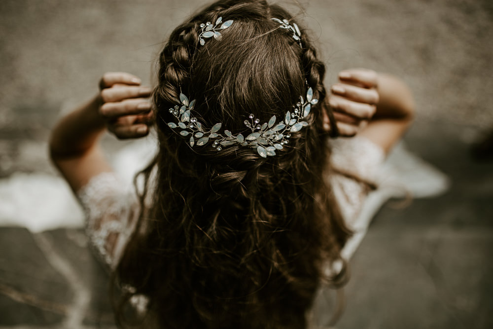 Hair Bride Bridal Style Up Do Plait Braid Halo Accessory Blue Rich Romantic Wedding Ideas Daze of Glory Photography Catherine Spiller Photography