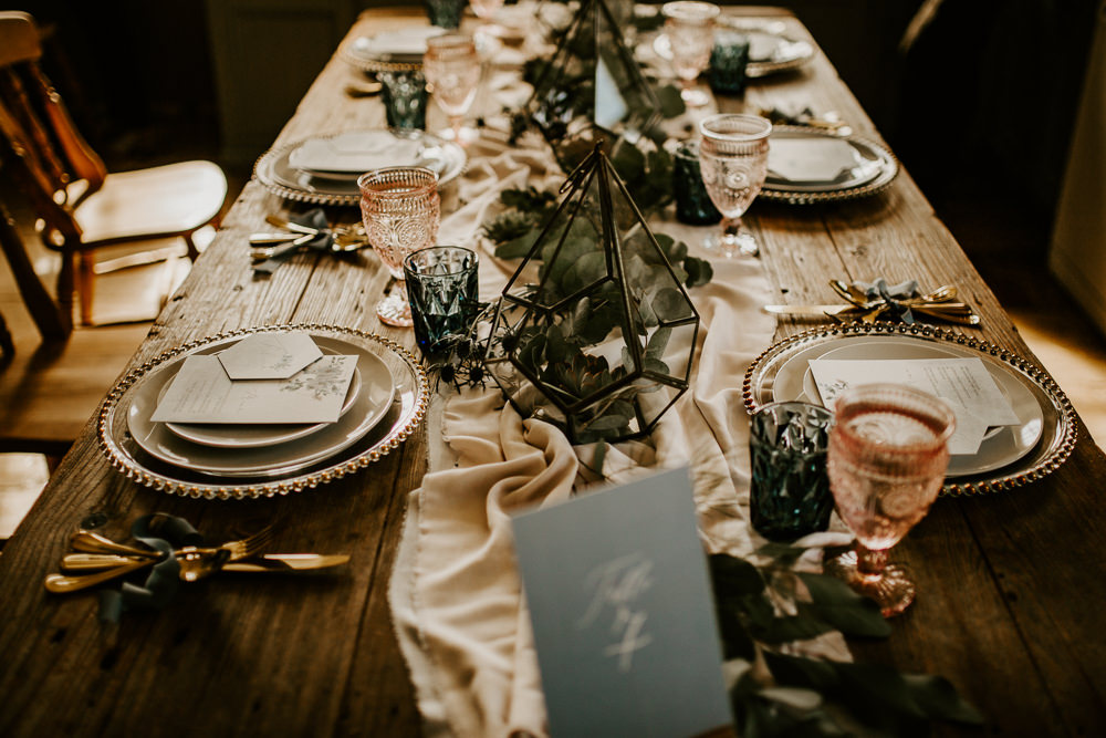 Tablescape Table Decor Terrariums Succulents Glasses Silk Runner Charger Plates Blue Rich Romantic Wedding Ideas Daze of Glory Photography Catherine Spiller Photography