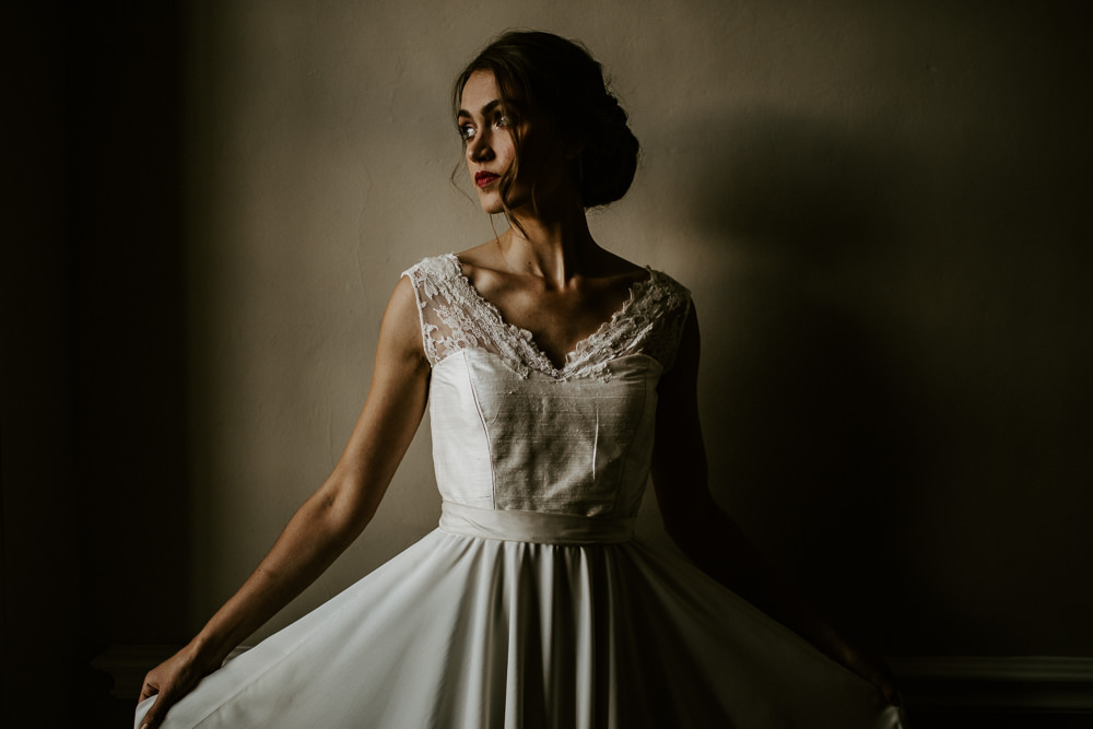 Dress Bride Bridal Gown Bow Back Lace Blue Rich Romantic Wedding Ideas Daze of Glory Photography Catherine Spiller Photography
