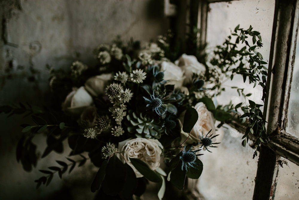 Bouquet Flowers Bride Bridal Thistle Rose Greenery Foliage Ribbon Velvet Blue Rich Romantic Wedding Ideas Daze of Glory Photography Catherine Spiller Photography