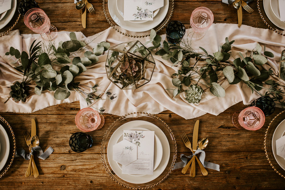 Tablescape Table Decor Terrariums Succulents Glasses Silk Runner Charger Plates Blue Rich Romantic Wedding Ideas Daze of Glory Photography Catherine Spiller Photography
