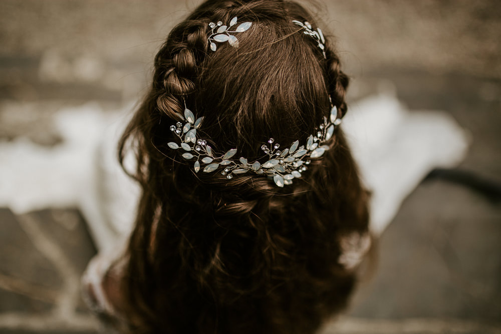 Hair Bride Bridal Style Up Do Plait Braid Halo Accessory Blue Rich Romantic Wedding Ideas Daze of Glory Photography Catherine Spiller Photography