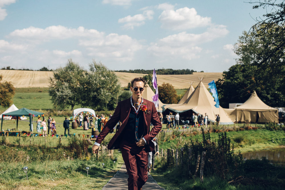 Groom Suit Burgundy Neck Scarf Bright Camp Festival Wedding Chloe Lee Photography