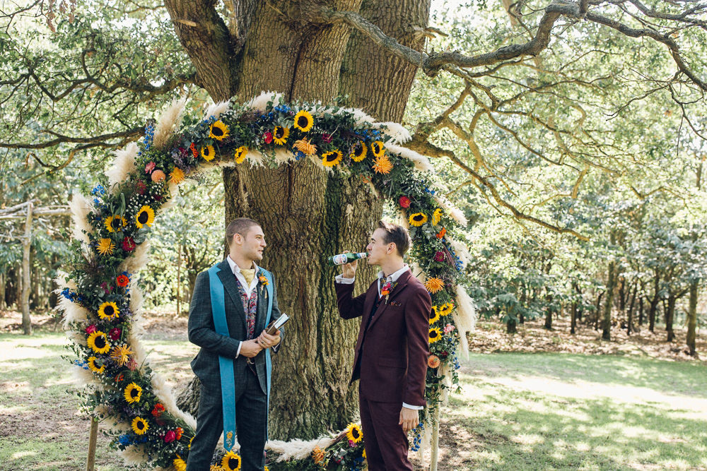 Ceremony Outdoor Tree Moon Gate Flower Arch Aisle Bright Camp Festival Wedding Chloe Lee Photography
