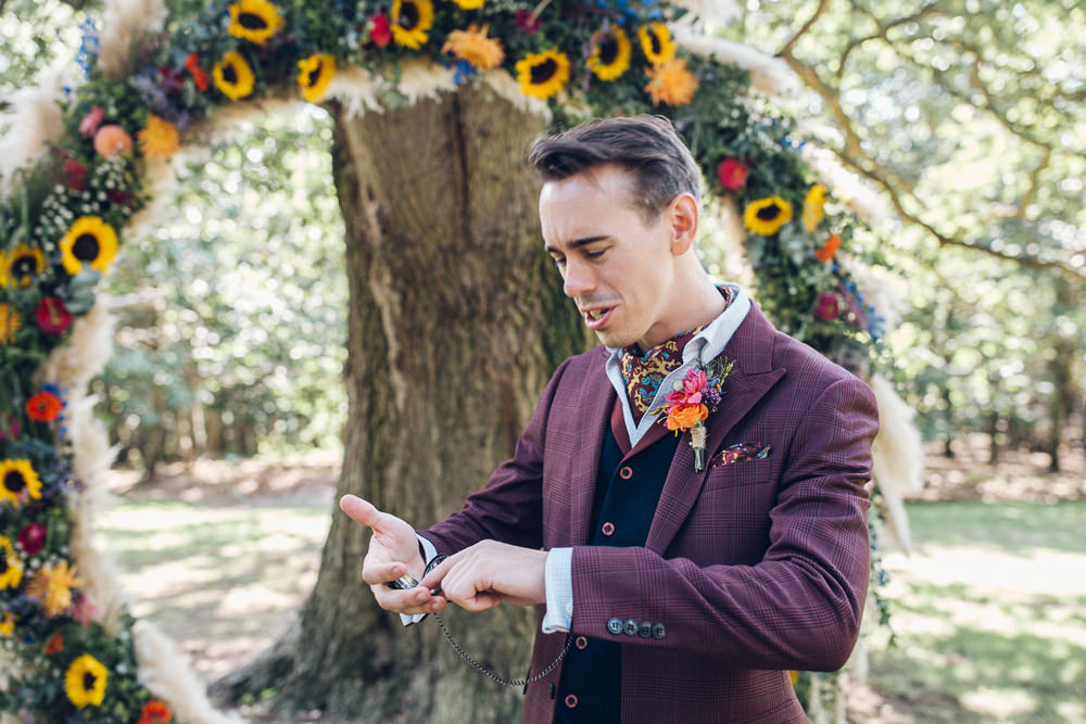 Groom Suit Burgundy Neck Scarf Bright Camp Festival Wedding Chloe Lee Photography