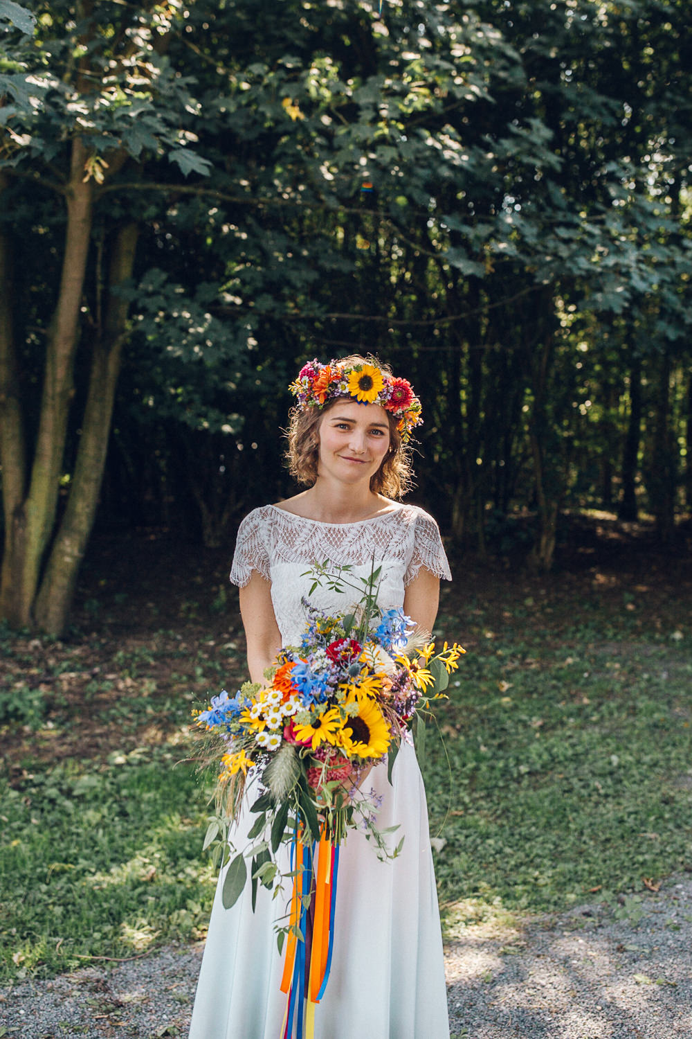 Bride Bridal Flowers Colourful Bouquet Flower Crown Bright Camp Festival Wedding Chloe Lee Photography