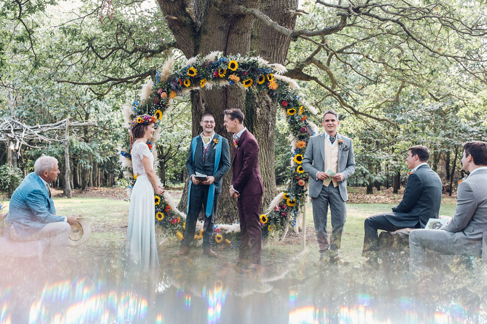 Ceremony Outdoor Tree Moon Gate Flower Arch Aisle Bright Camp Festival Wedding Chloe Lee Photography