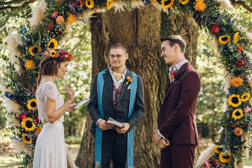 Ceremony Outdoor Tree Moon Gate Flower Arch Aisle Bright Camp Festival Wedding Chloe Lee Photography
