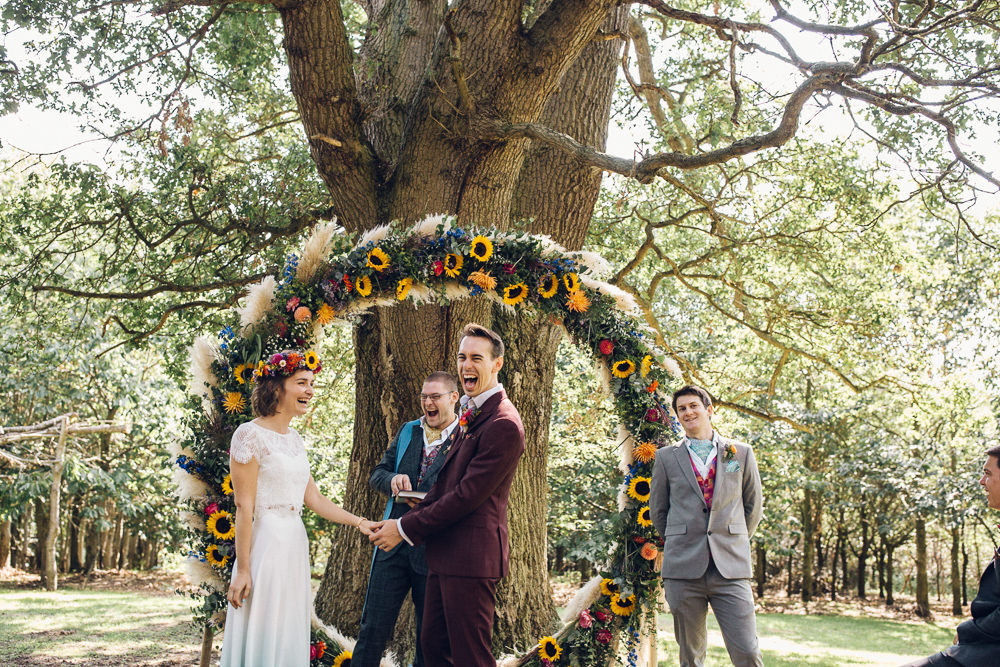 Ceremony Outdoor Tree Moon Gate Flower Arch Aisle Bright Camp Festival Wedding Chloe Lee Photography