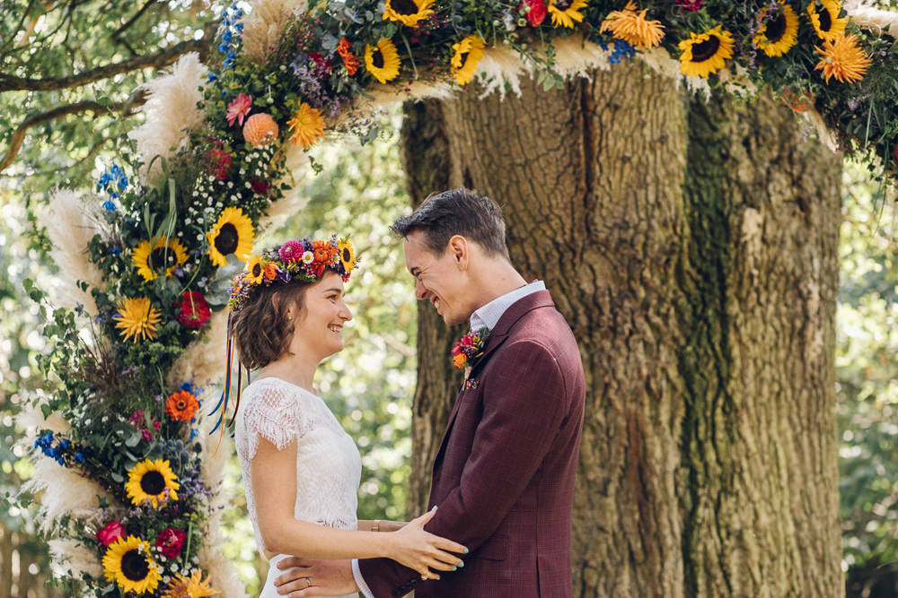 Ceremony Outdoor Tree Moon Gate Flower Arch Aisle Bright Camp Festival Wedding Chloe Lee Photography