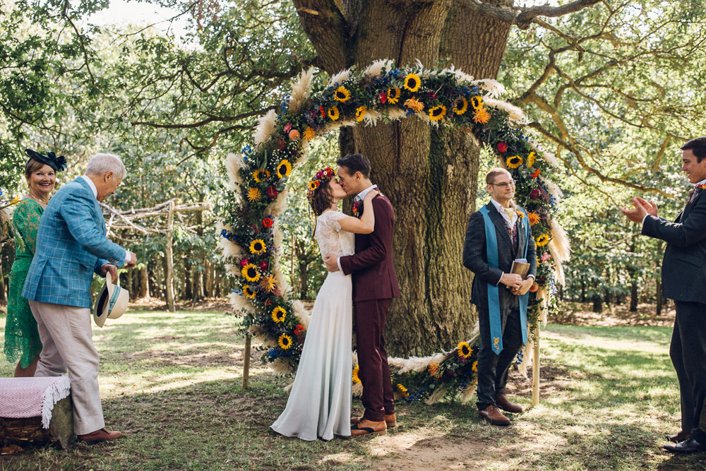 Ceremony Outdoor Tree Moon Gate Flower Arch Aisle Bright Camp Festival Wedding Chloe Lee Photography