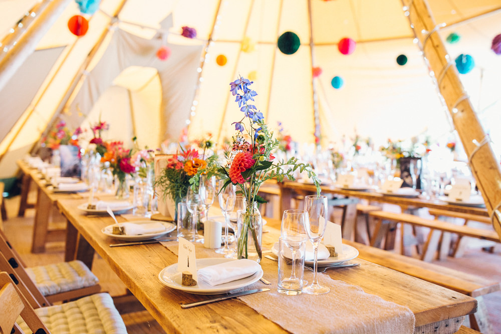 Tipi Colourful Decor Flowers Tables Bright Camp Festival Wedding Chloe Lee Photography