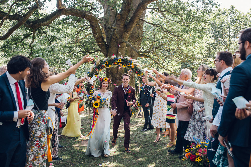 Confetti Ceremony Outdoor Tree Moon Gate Flower Arch Aisle Bright Camp Festival Wedding Chloe Lee Photography