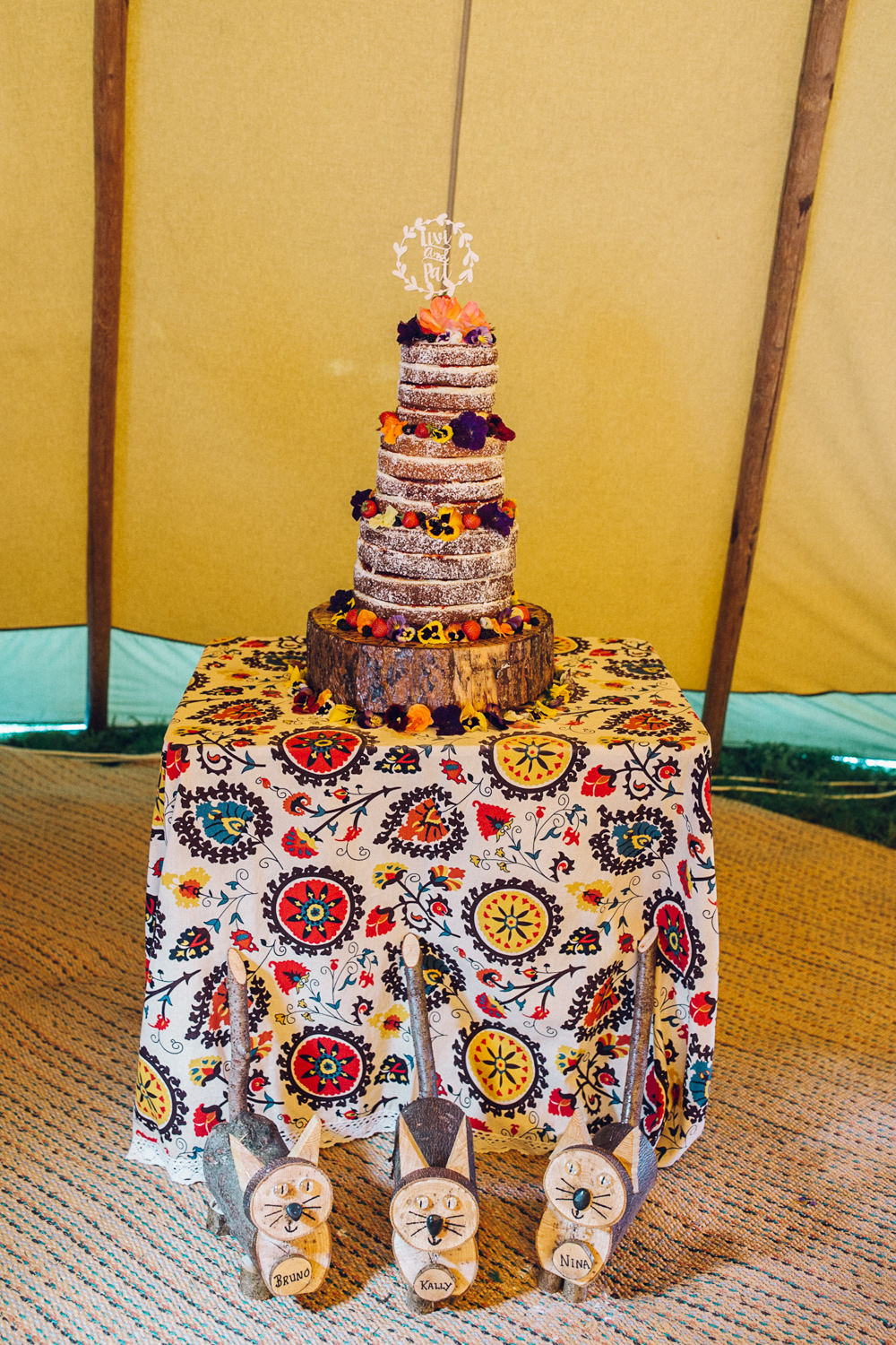 Naked Cake Log Slice Fruit Berries Topper Bright Camp Festival Wedding Chloe Lee Photography