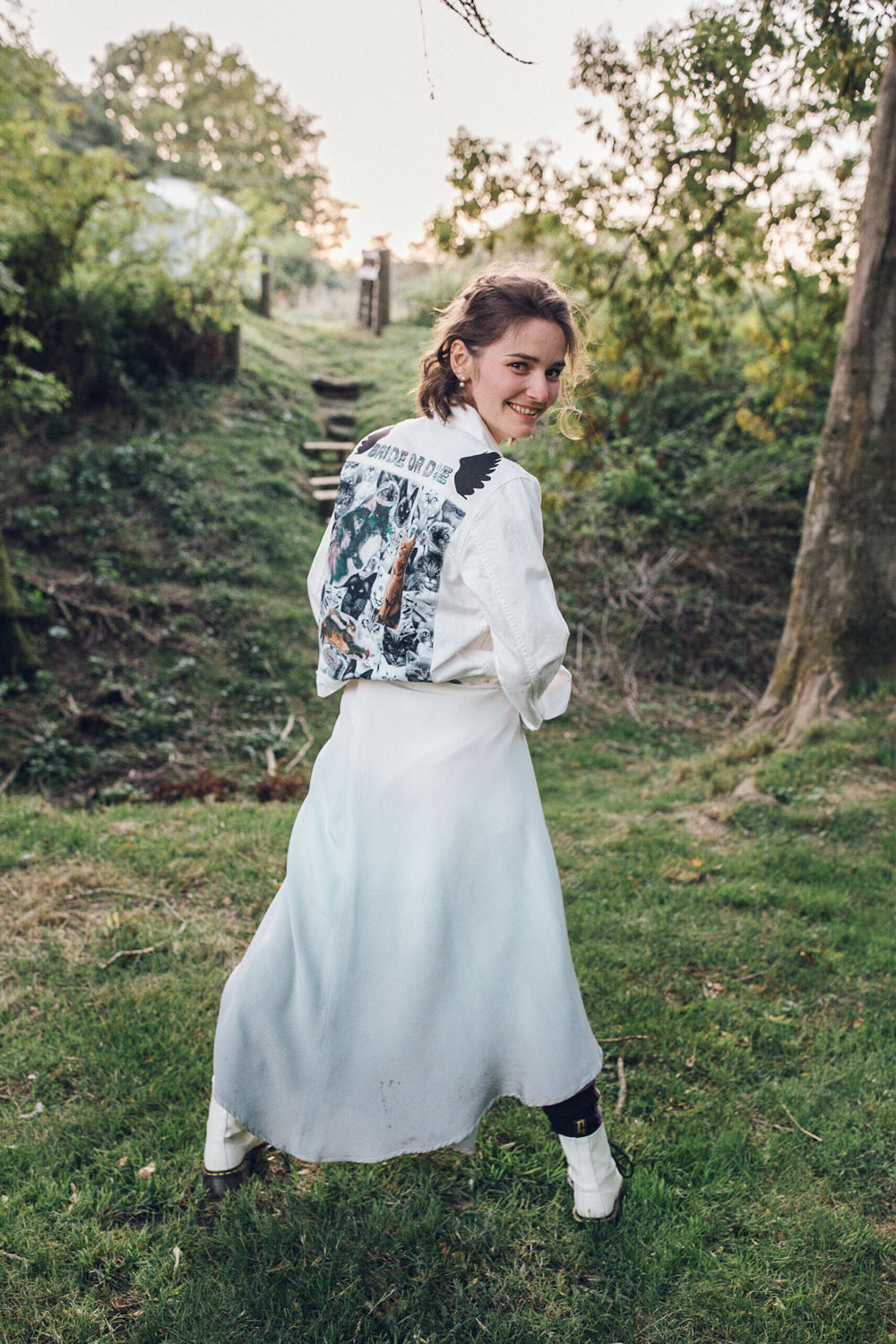Bride Bridal Denim Patches Jacket Personalised Bright Camp Festival Wedding Chloe Lee Photography