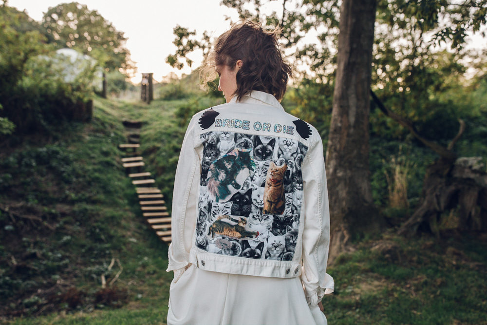 Bride Bridal Denim Patches Jacket Personalised Bright Camp Festival Wedding Chloe Lee Photography