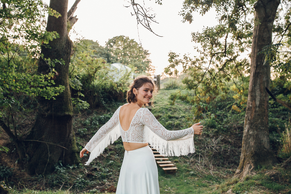Dress Gown Bride Bridal Fringe Sleeves Boho Bohemian by Lucy Can’t Dance Tassel Bright Camp Festival Wedding Chloe Lee Photography