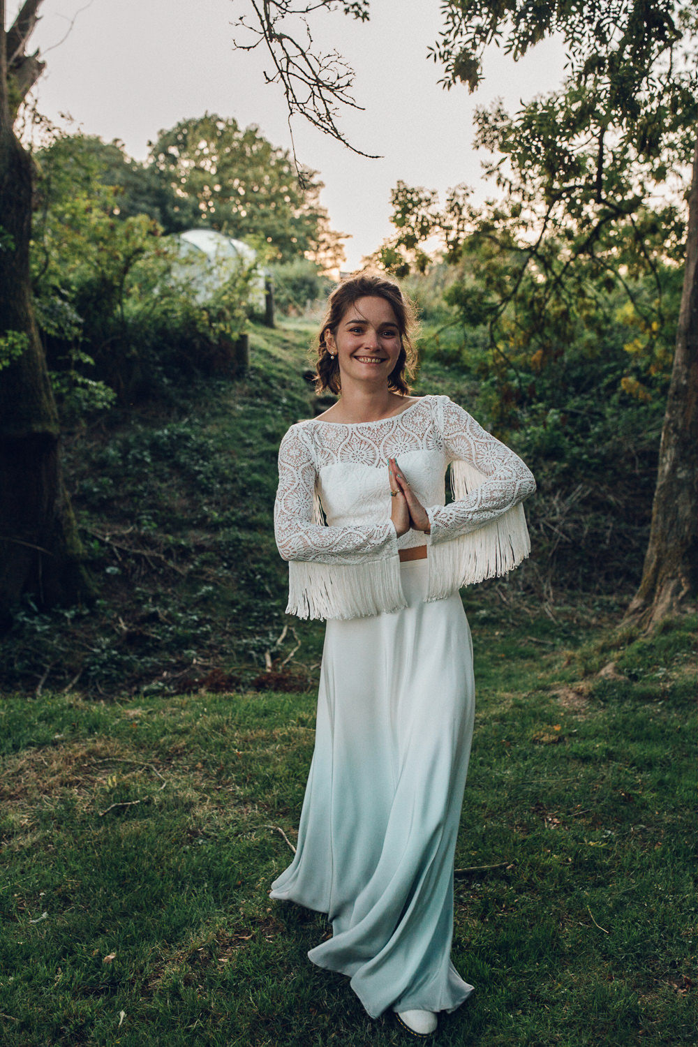 Dress Gown Bride Bridal Fringe Sleeves Boho Bohemian by Lucy Can’t Dance Tassel Bright Camp Festival Wedding Chloe Lee Photography