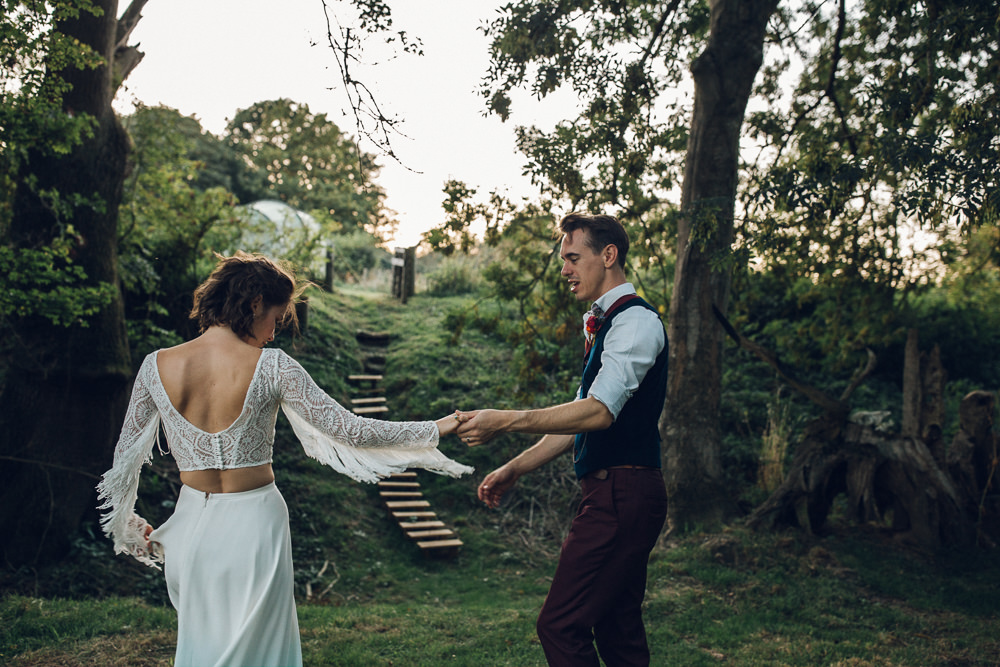 Dress Gown Bride Bridal Fringe Sleeves Boho Bohemian by Lucy Can’t Dance Tassel Bright Camp Festival Wedding Chloe Lee Photography