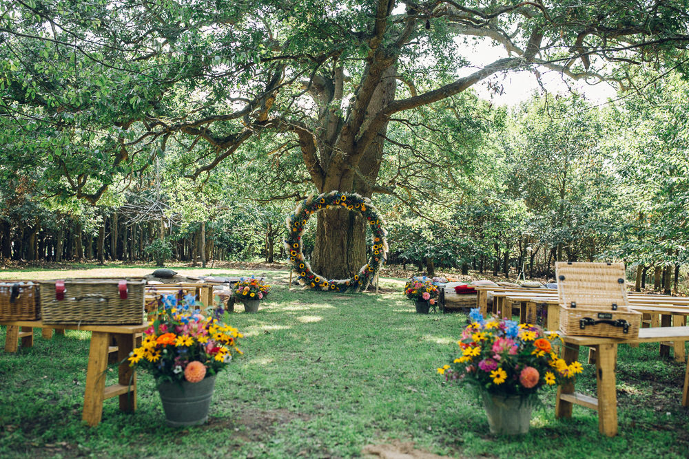 Ceremony Outdoor Tree Moon Gate Flower Arch Aisle Bright Camp Festival Wedding Chloe Lee Photography