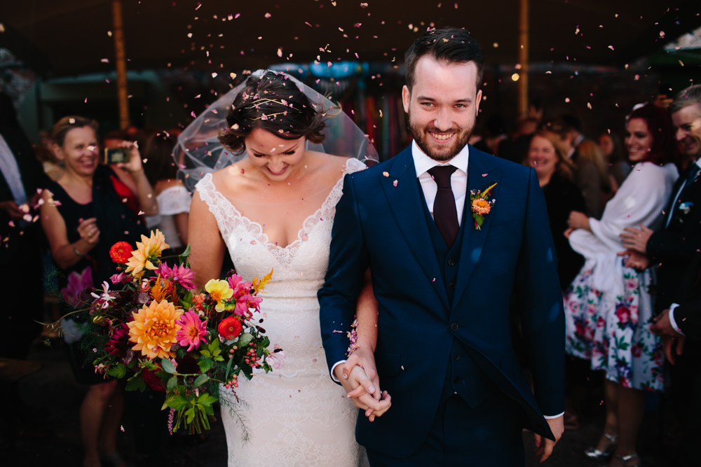 Bride Bridal Watters Lace Sleeveless Dress Gown Navy Suit Groom Colourful Multicoloured Bouquet Ribbon Veil Constellations Liverpool Wedding Dan Hough Photo