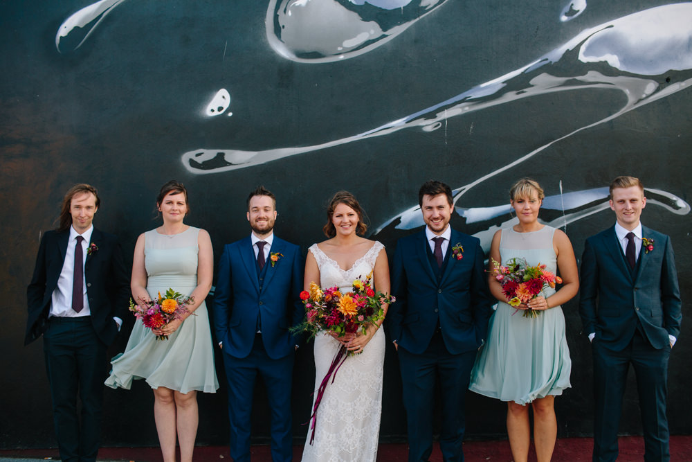 Bride Bridal Watters Lace Sleeveless Dress Gown Navy Suit Groom Colourful Multicoloured Bouquet Ribbon Mint Short Bridesmaids Constellations Liverpool Wedding Dan Hough Photo