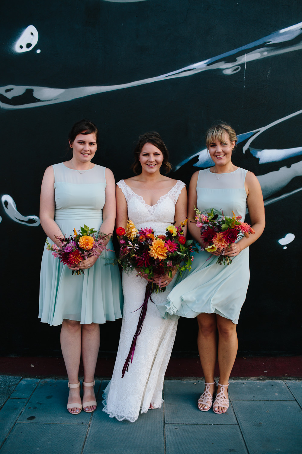 Bride Bridal Watters Lace Sleeveless Dress Gown Navy Suit Groom Colourful Multicoloured Bouquet Ribbon Mint Short Bridesmaids Constellations Liverpool Wedding Dan Hough Photo