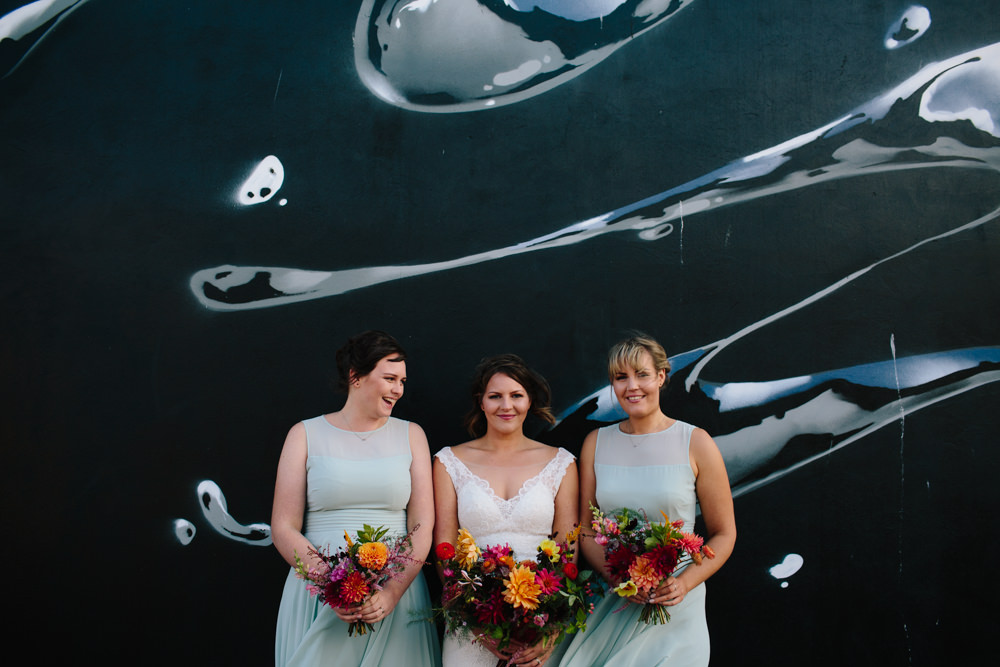 Bride Bridal Watters Lace Sleeveless Dress Gown Navy Suit Groom Colourful Multicoloured Bouquet Ribbon Mint Short Bridesmaids Constellations Liverpool Wedding Dan Hough Photo
