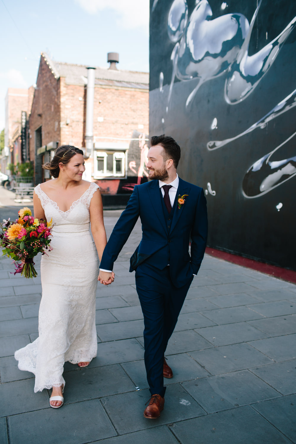 Bride Bridal Watters Lace Sleeveless Dress Gown Navy Suit Groom Colourful Multicoloured Bouquet Constellations Liverpool Wedding Dan Hough Photo
