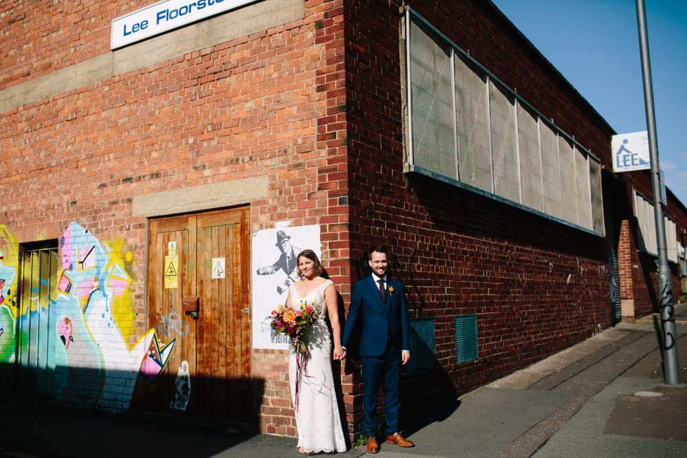 Bride Bridal Watters Lace Sleeveless Dress Gown Navy Suit Groom Colourful Multicoloured Bouquet Ribbon Constellations Liverpool Wedding Dan Hough Photo