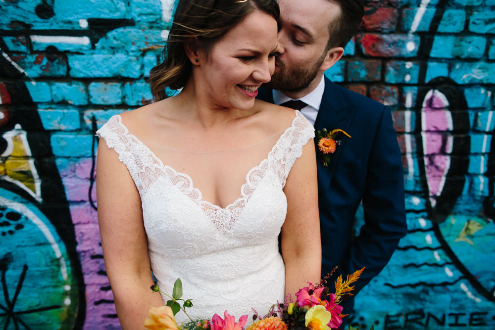 Bride Bridal Watters Lace Sleeveless Dress Gown Navy Suit Groom Colourful Multicoloured Bouquet Ribbon Constellations Liverpool Wedding Dan Hough Photo