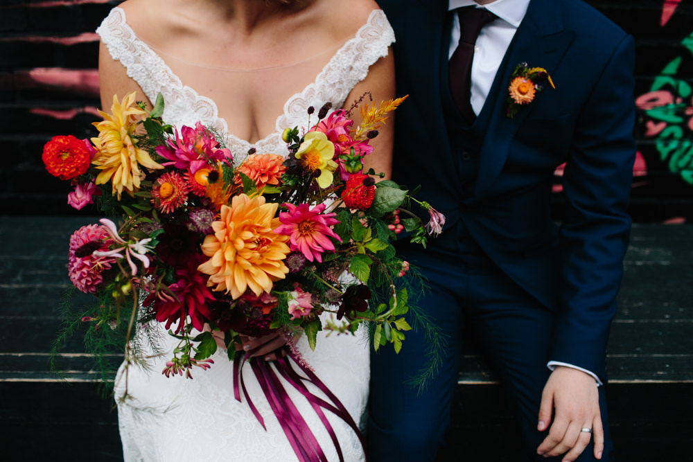 Bride Bridal Watters Lace Sleeveless Dress Gown Navy Suit Groom Colourful Multicoloured Bouquet Ribbon Constellations Liverpool Wedding Dan Hough Photo