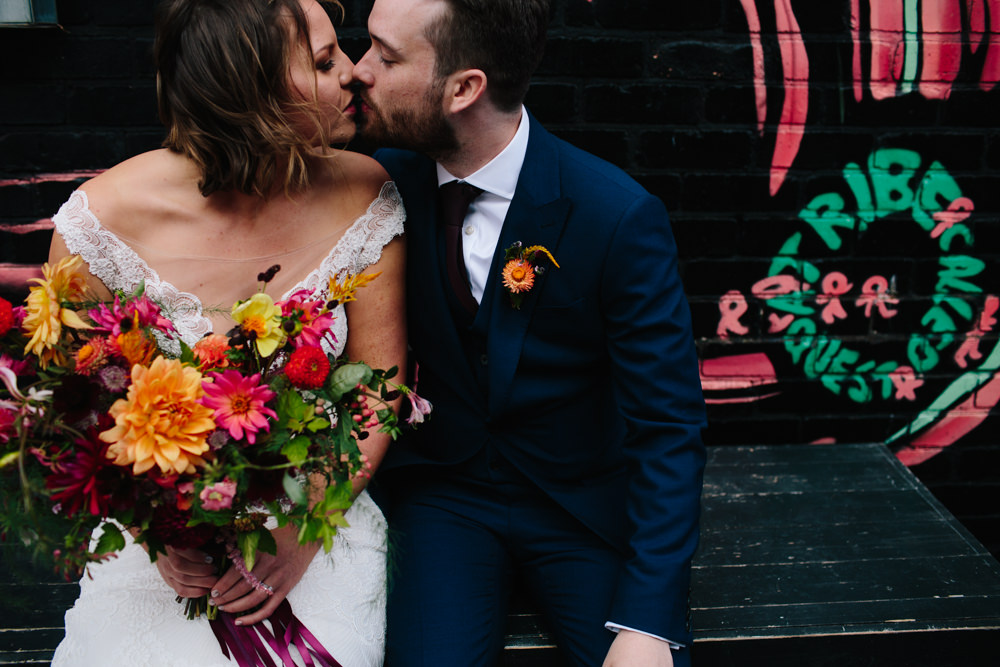 Bride Bridal Watters Lace Sleeveless Dress Gown Navy Suit Groom Colourful Multicoloured Bouquet Ribbon Constellations Liverpool Wedding Dan Hough Photo