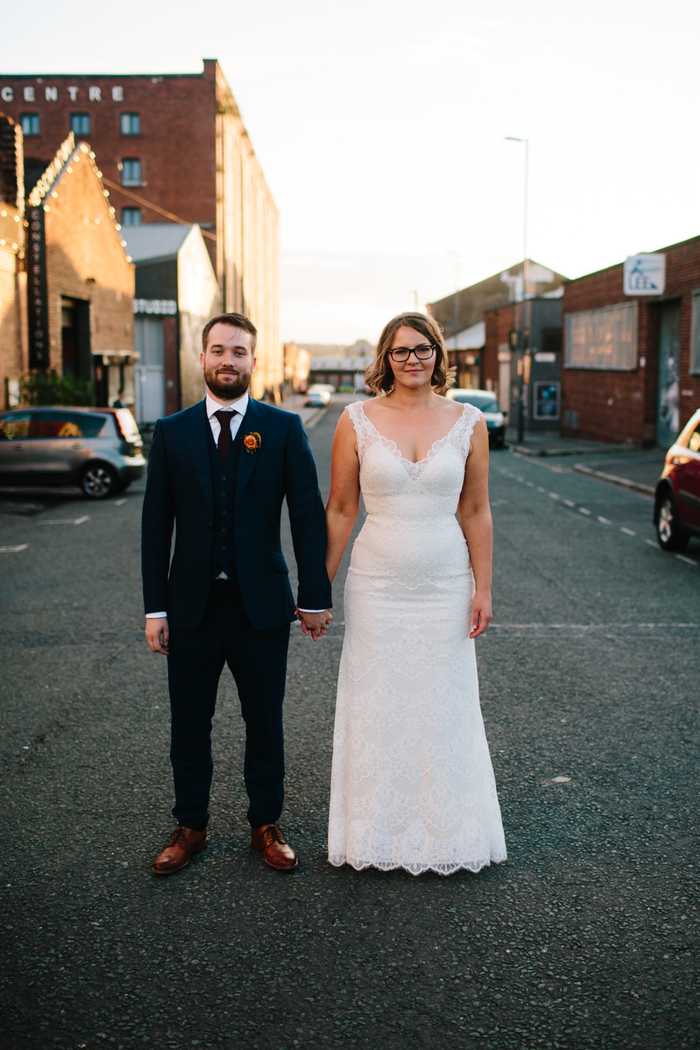 Bride Bridal Watters Lace Sleeveless Dress Gown Navy Suit Groom Glasses Constellations Liverpool Wedding Dan Hough Photo