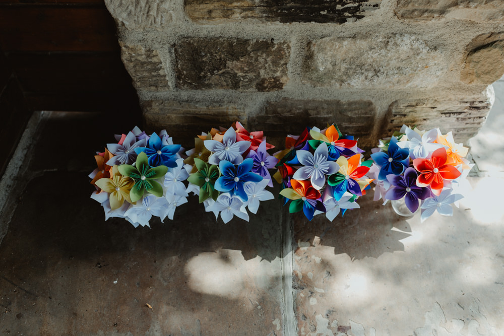 Colourful Paper Flower Bouquets Bride Bridal Bridesmaids Cute Rainbow Wedding Stevie Jay Photography