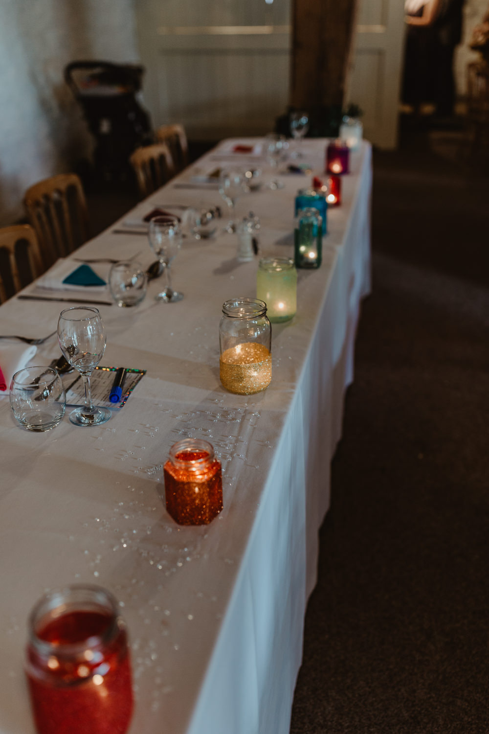 Glitter Jar Tea Lights Candles Cute Rainbow Wedding Stevie Jay Photography